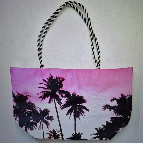 Avon Summer Beauty Tote Bag with Pink Palm Trees and Braided Rope Handle - Picture 1 of 16